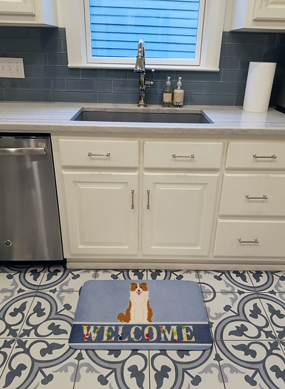 Border Collie Red White Welcome Machine Washable Memory Foam Mat BB5700RUG - the-store.com