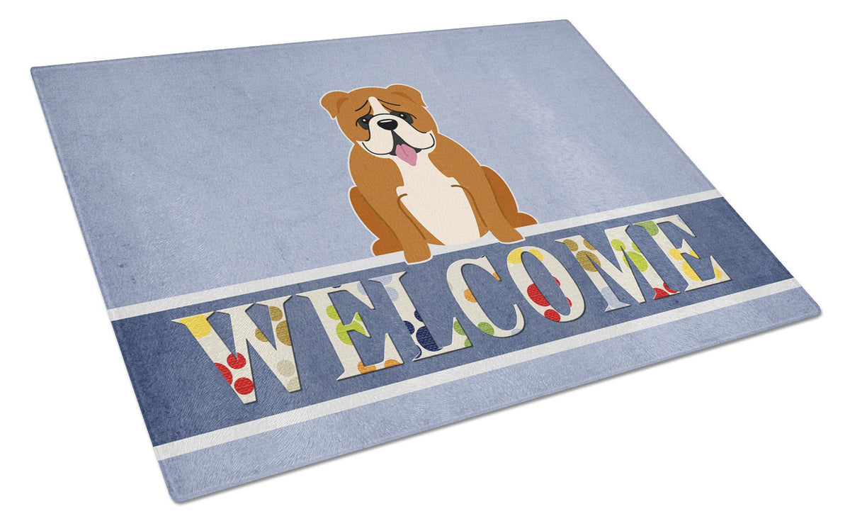 English Bulldog Red White Welcome Glass Cutting Board Large BB5701LCB by Caroline&#39;s Treasures