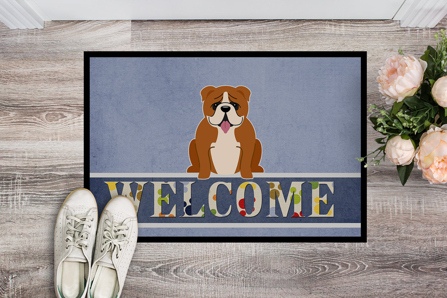 English Bulldog Red White Welcome Indoor or Outdoor Mat 18x27 BB5701MAT - the-store.com