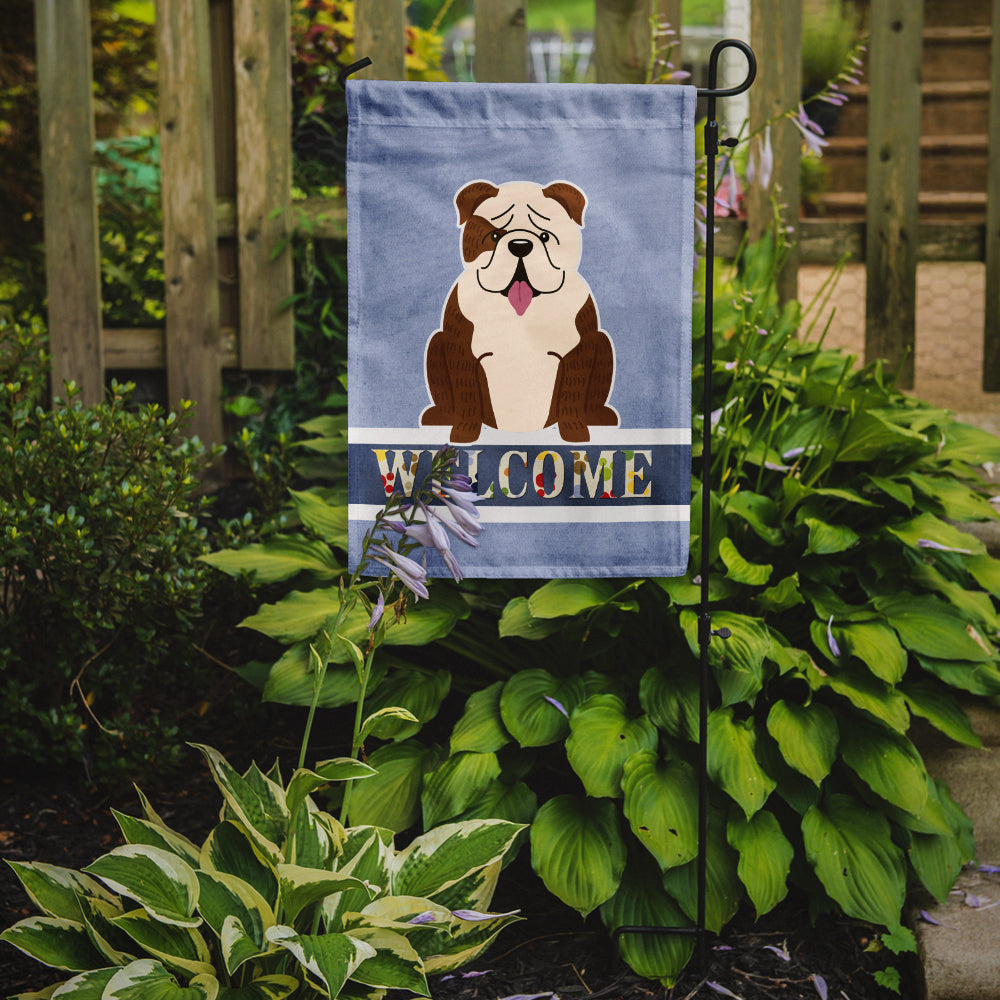 English Bulldog Brindle White Welcome Flag Garden Size BB5702GF