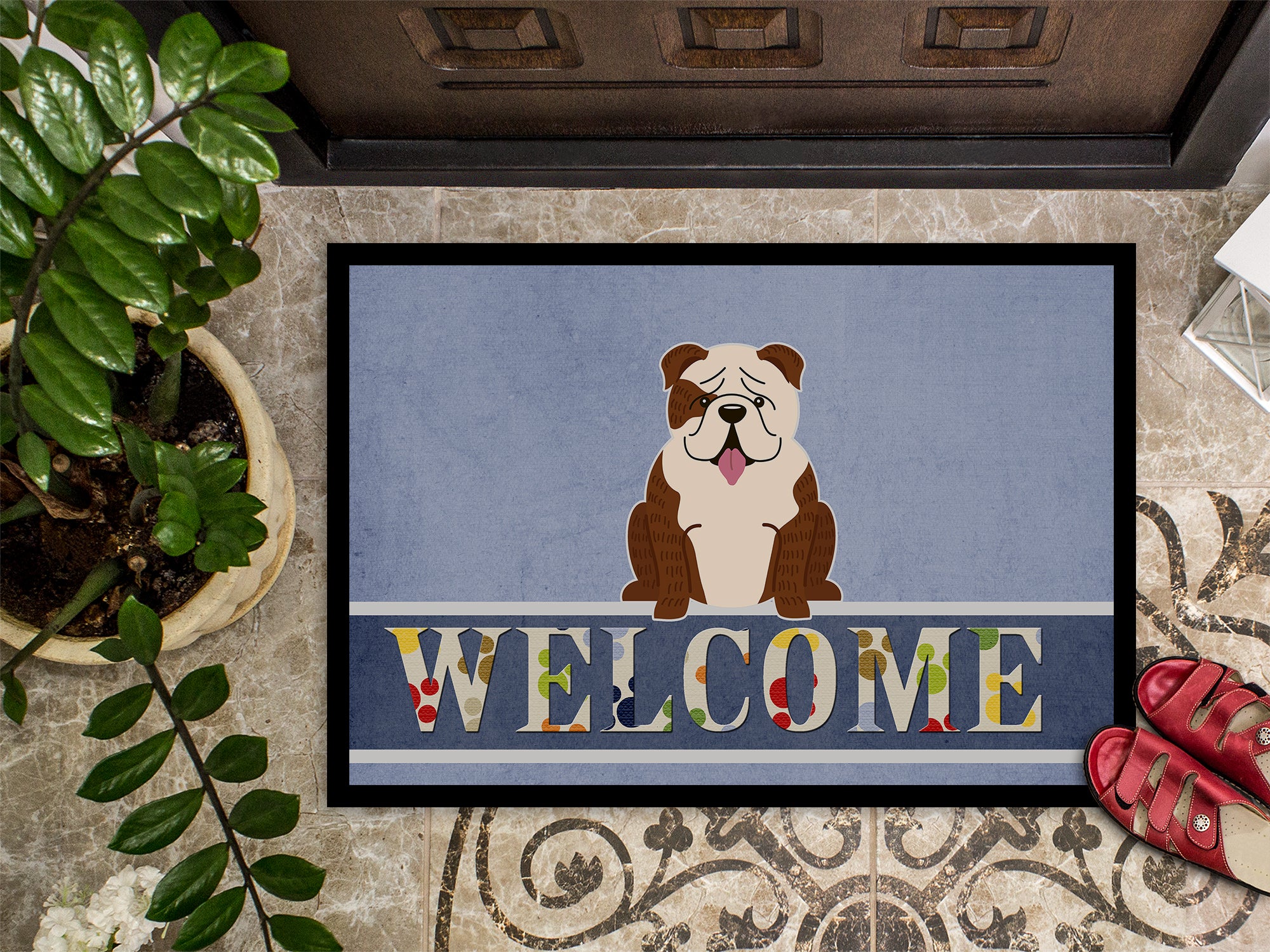 English Bulldog Brindle White Welcome Indoor or Outdoor Mat 18x27 BB5702MAT - the-store.com