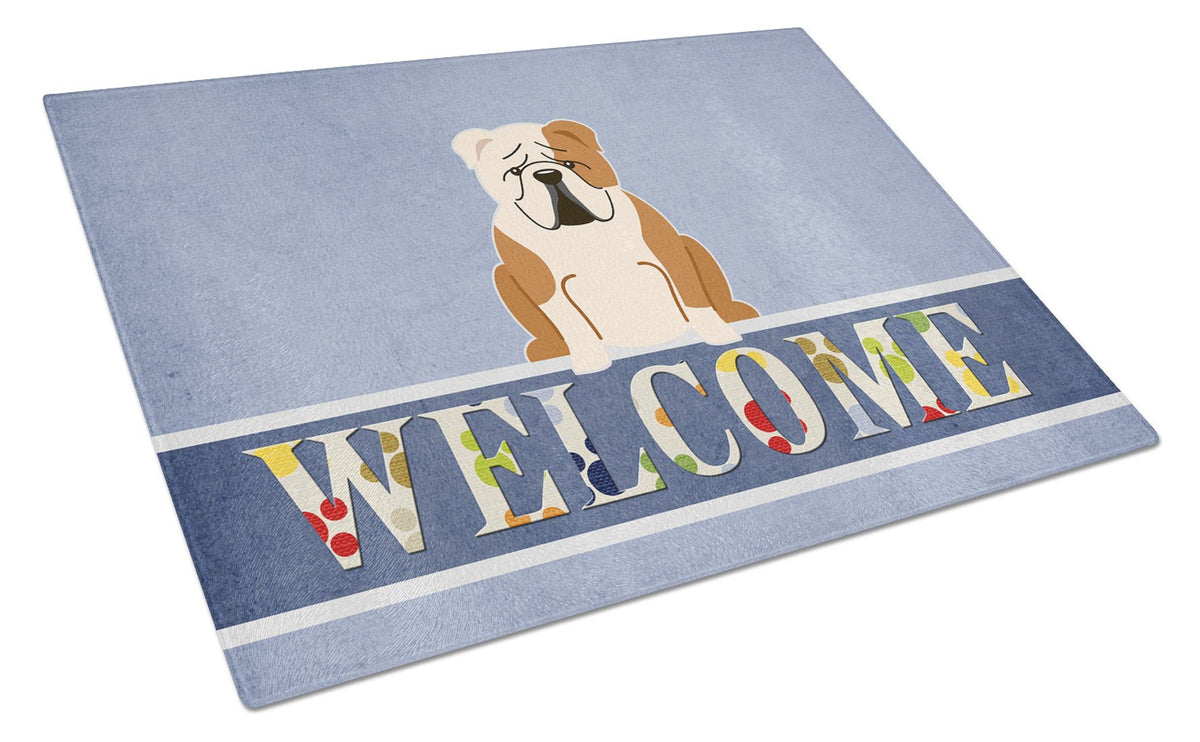 English Bulldog Fawn White Welcome Glass Cutting Board Large BB5706LCB by Caroline&#39;s Treasures
