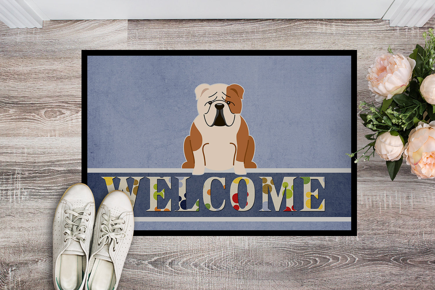 English Bulldog Fawn White Welcome Indoor or Outdoor Mat 18x27 BB5706MAT - the-store.com