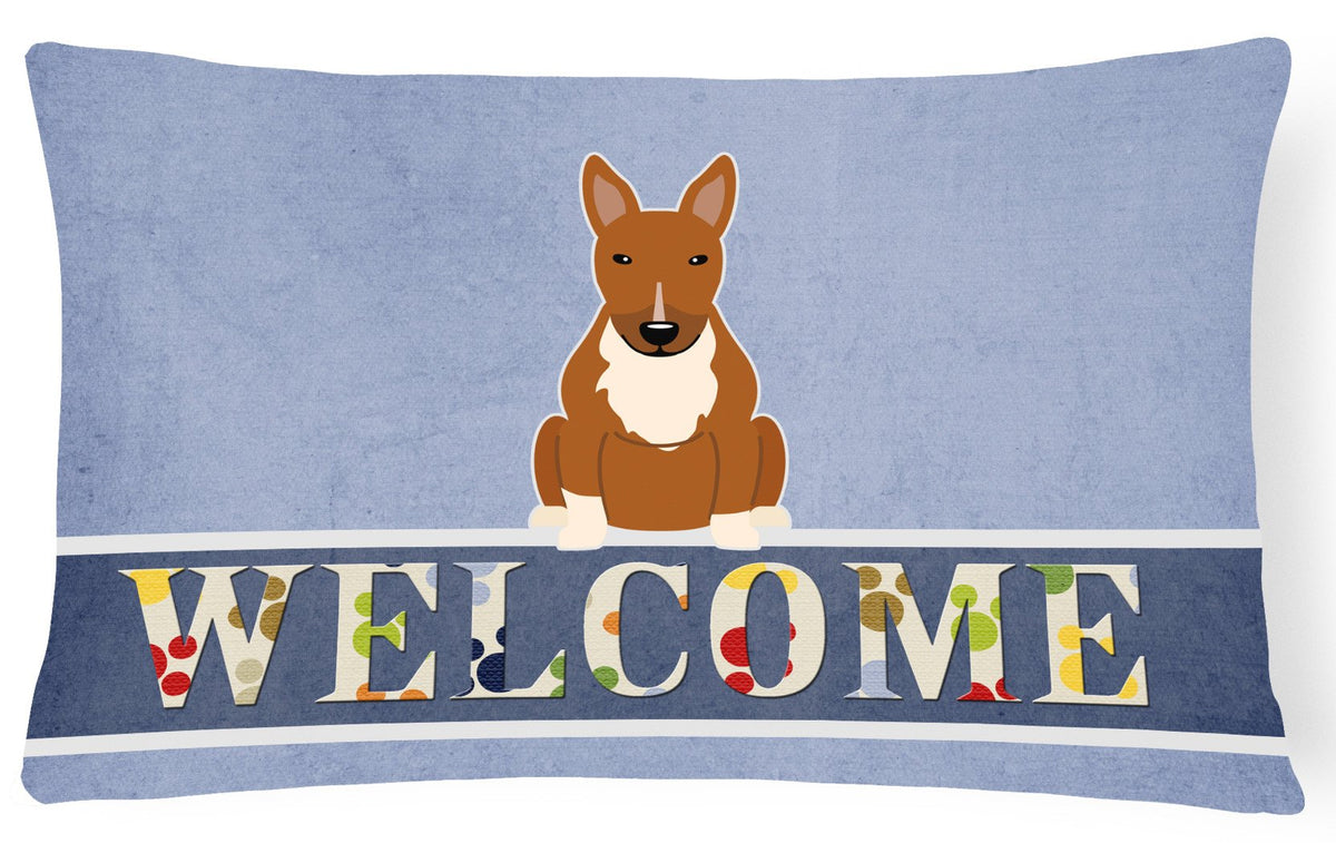 Bull Terrier Red Welcome Canvas Fabric Decorative Pillow BB5715PW1216 by Caroline&#39;s Treasures