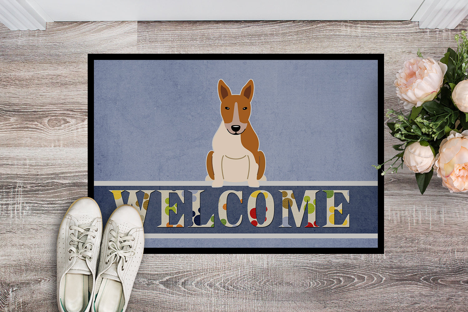 Bull Terrier Red White Welcome Indoor or Outdoor Mat 18x27 BB5716MAT - the-store.com