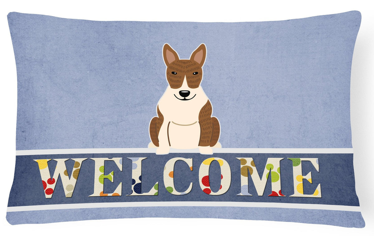 Bull Terrier Brindle Welcome Canvas Fabric Decorative Pillow BB5718PW1216 by Caroline&#39;s Treasures