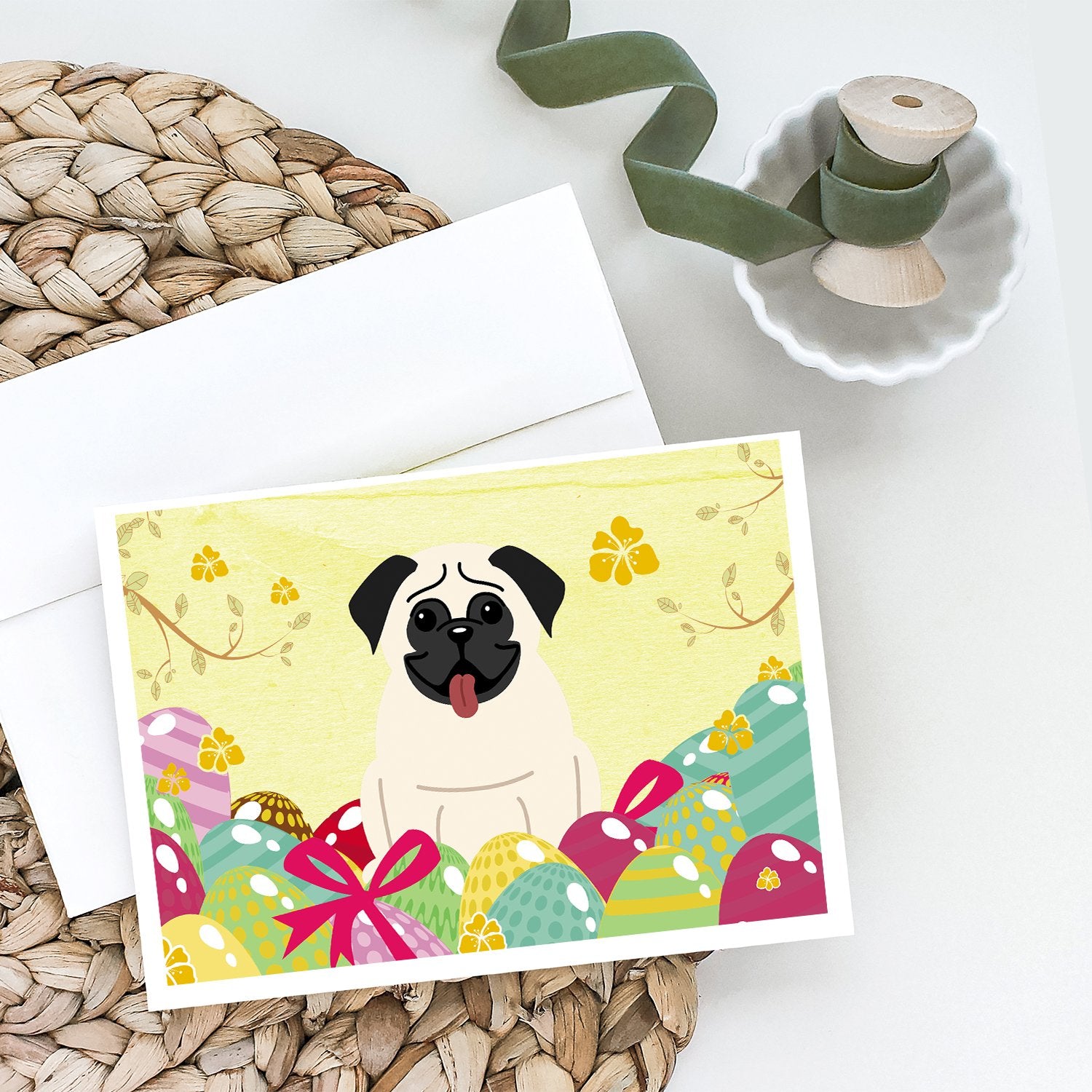 Easter Eggs Pug Cream Greeting Cards and Envelopes Pack of 8 - the-store.com