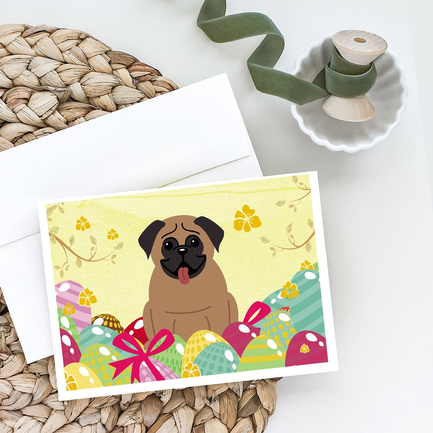 Easter Eggs Pug Brown Greeting Cards and Envelopes Pack of 8 - the-store.com