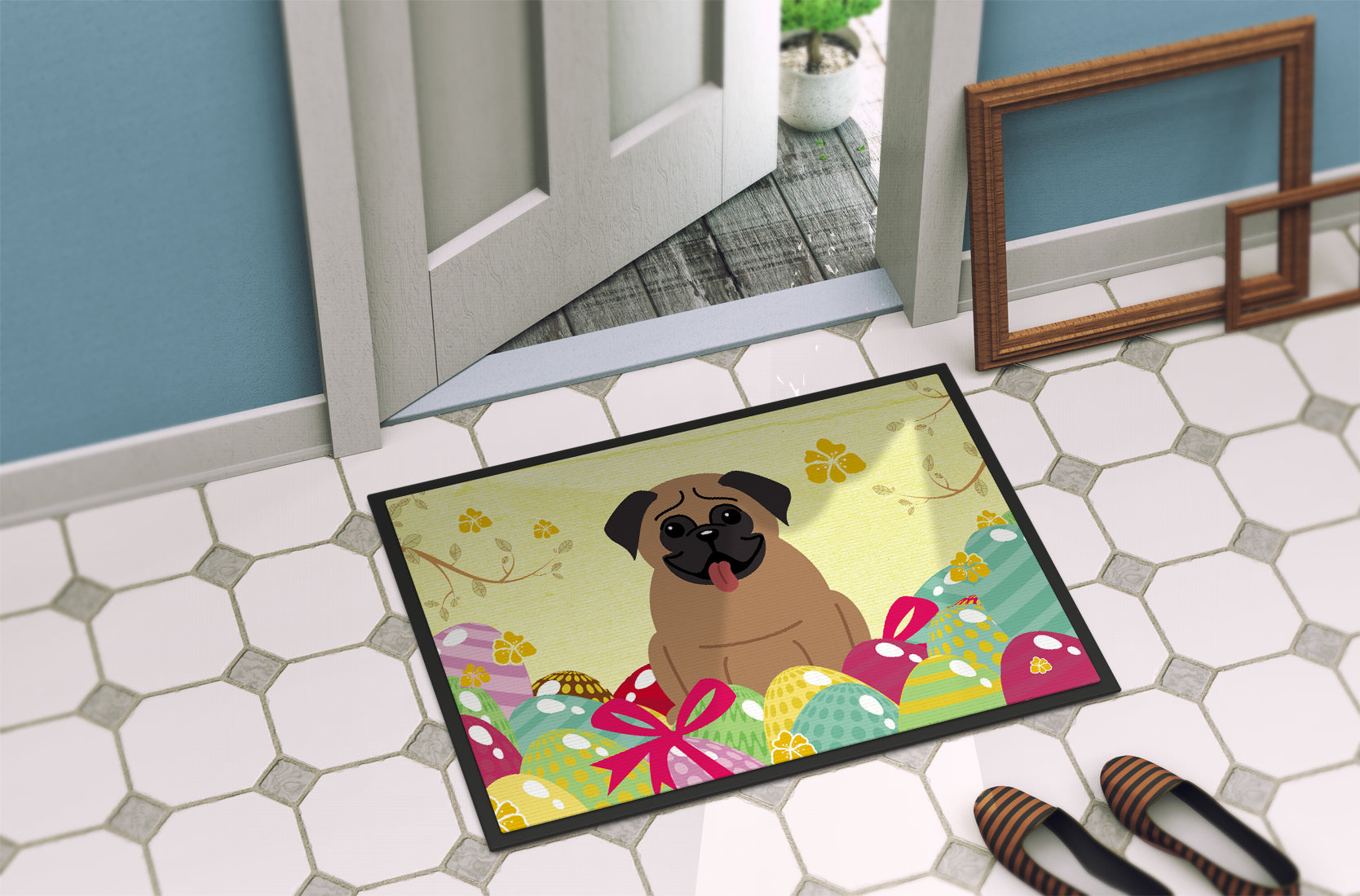 Easter Eggs Pug Brown Indoor or Outdoor Mat 18x27 BB6005MAT - the-store.com