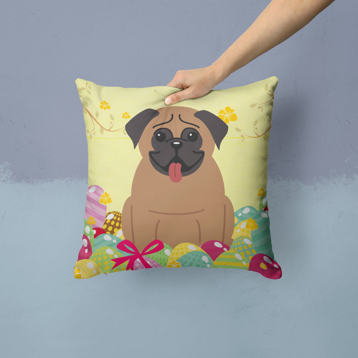 Easter Eggs Pug Brown Fabric Decorative Pillow BB6005PW1414 - the-store.com