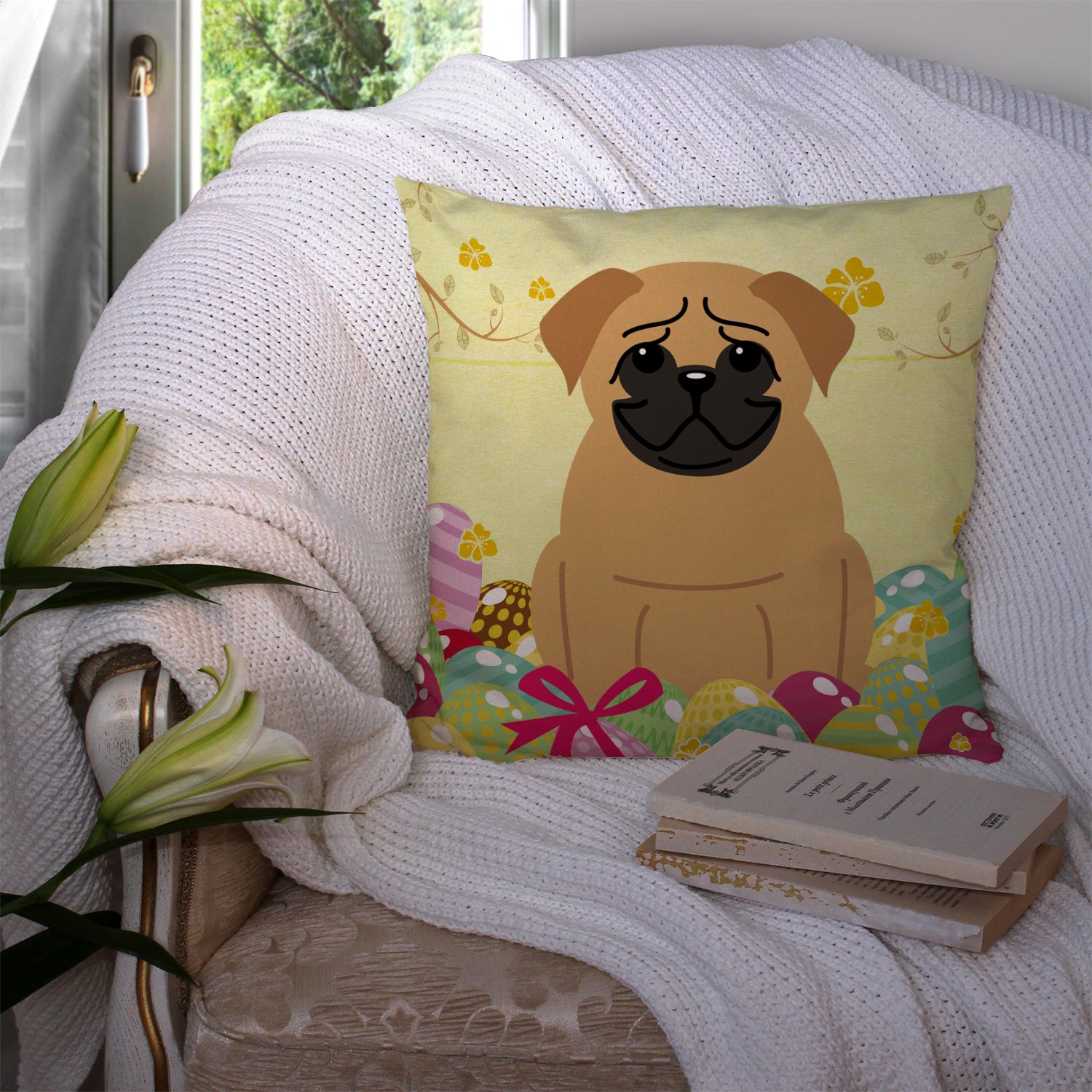 Easter Eggs Pug Brown Fabric Decorative Pillow BB6007PW1414 - the-store.com