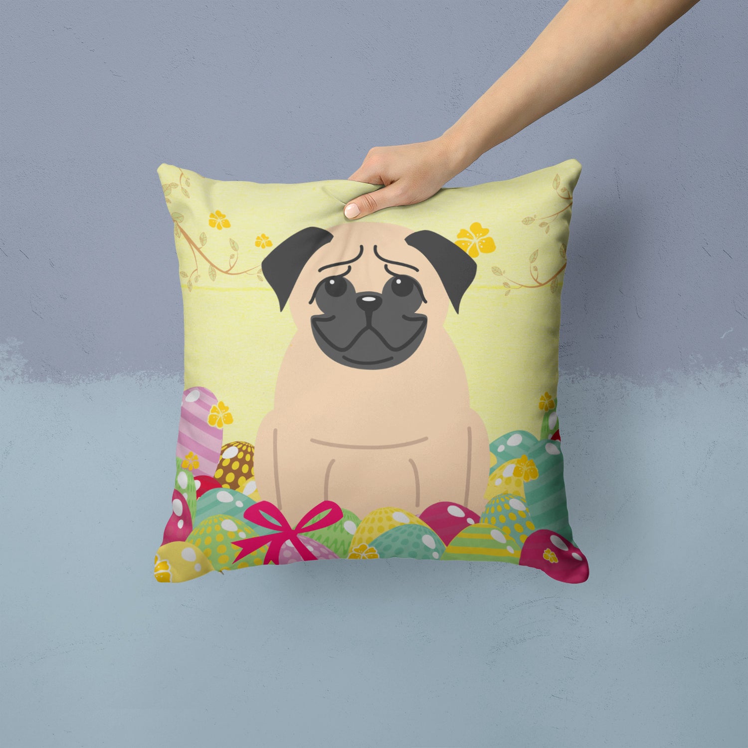 Easter Eggs Pug Fawn Fabric Decorative Pillow BB6008PW1414 - the-store.com