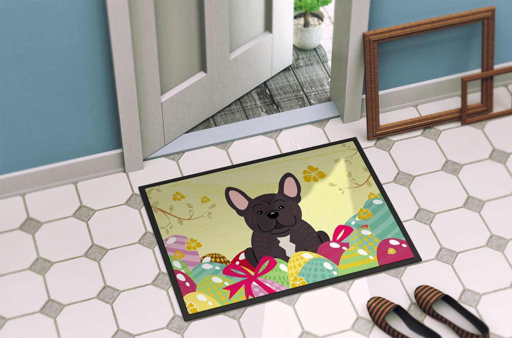 Easter Eggs French Bulldog Brindle Indoor or Outdoor Mat 24x36 BB6009JMAT by Caroline's Treasures
