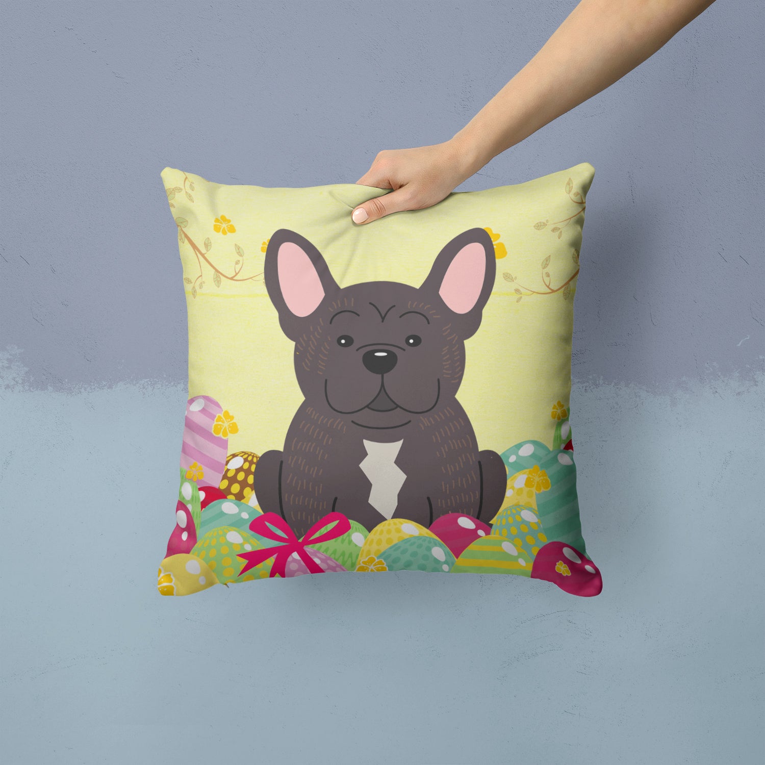 Easter Eggs French Bulldog Brindle Fabric Decorative Pillow BB6009PW1414 - the-store.com