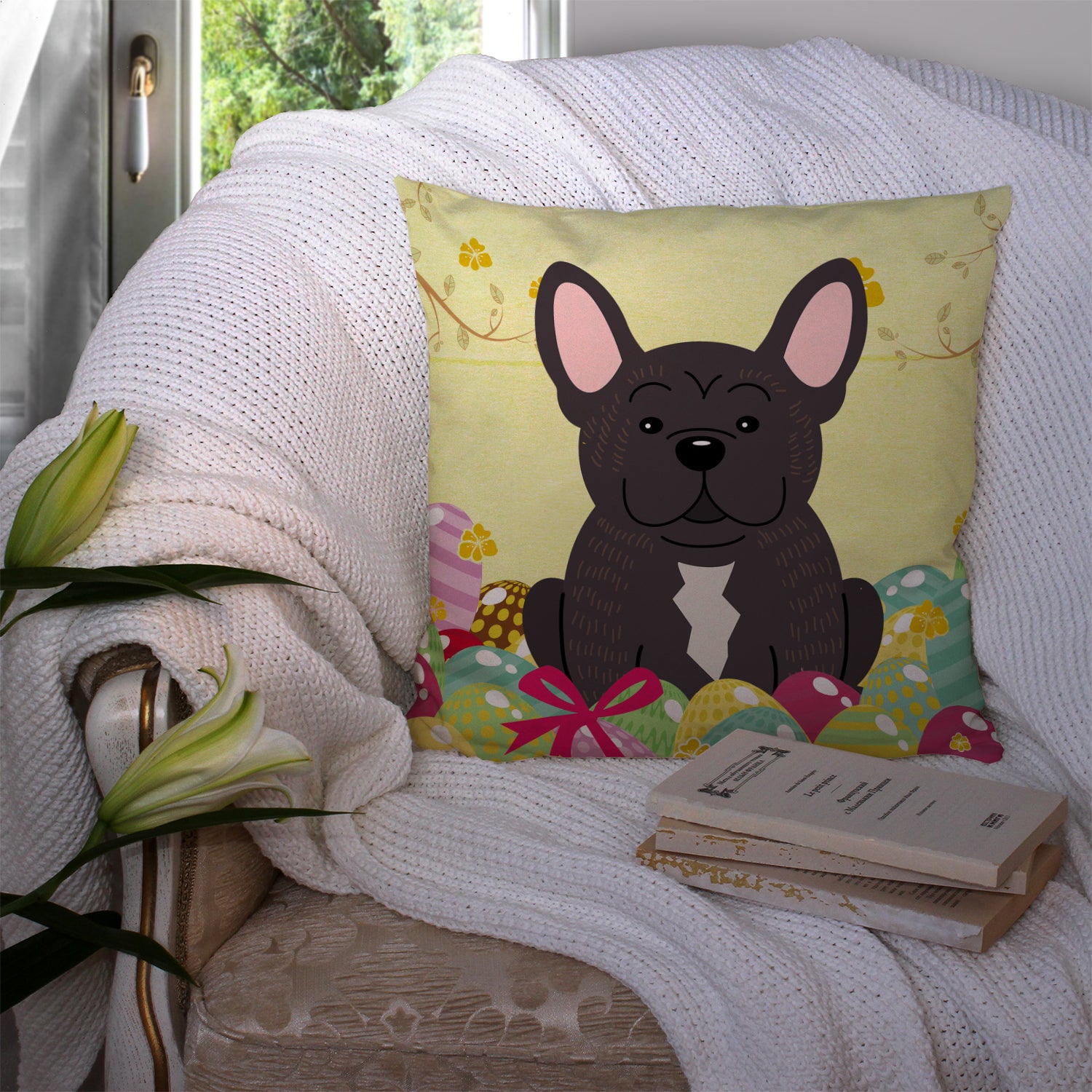Easter Eggs French Bulldog Brindle Fabric Decorative Pillow BB6009PW1414 - the-store.com