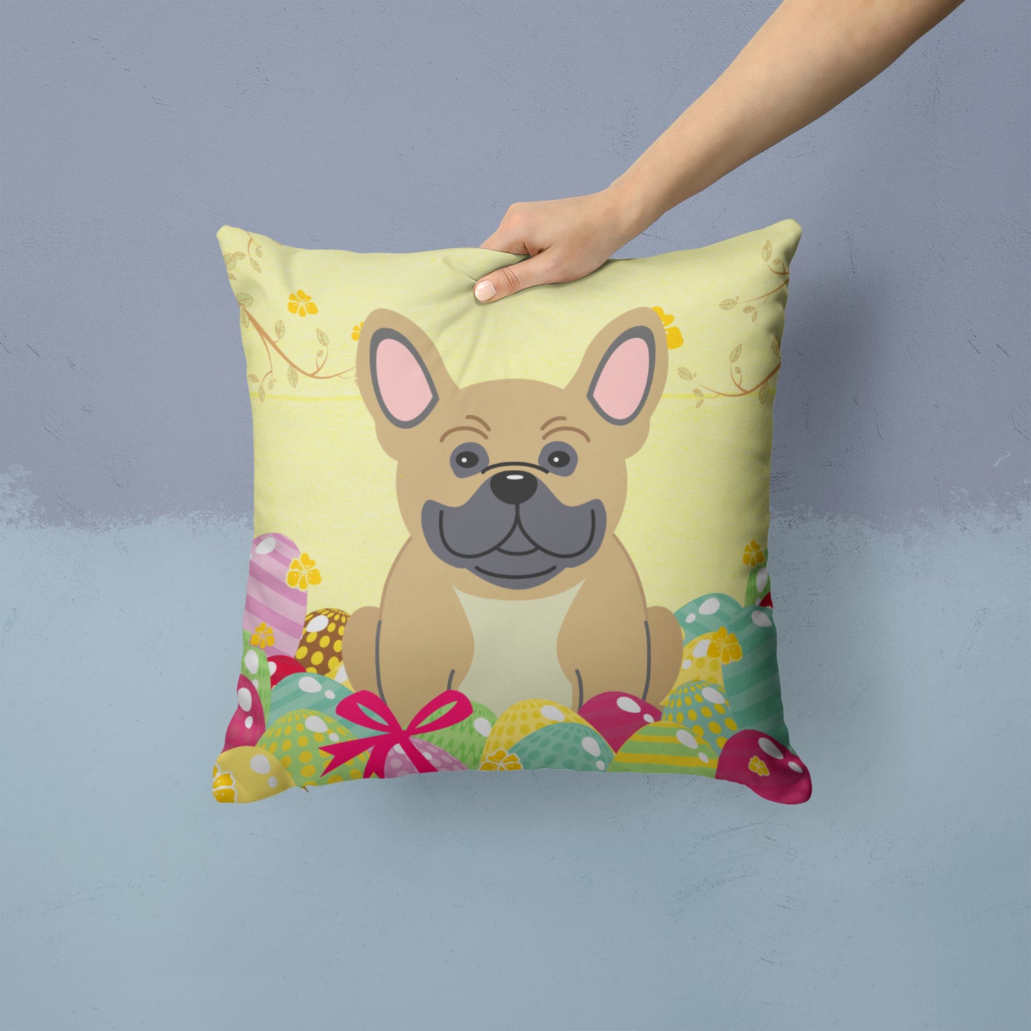 Easter Eggs French Bulldog Cream Fabric Decorative Pillow BB6010PW1414 - the-store.com