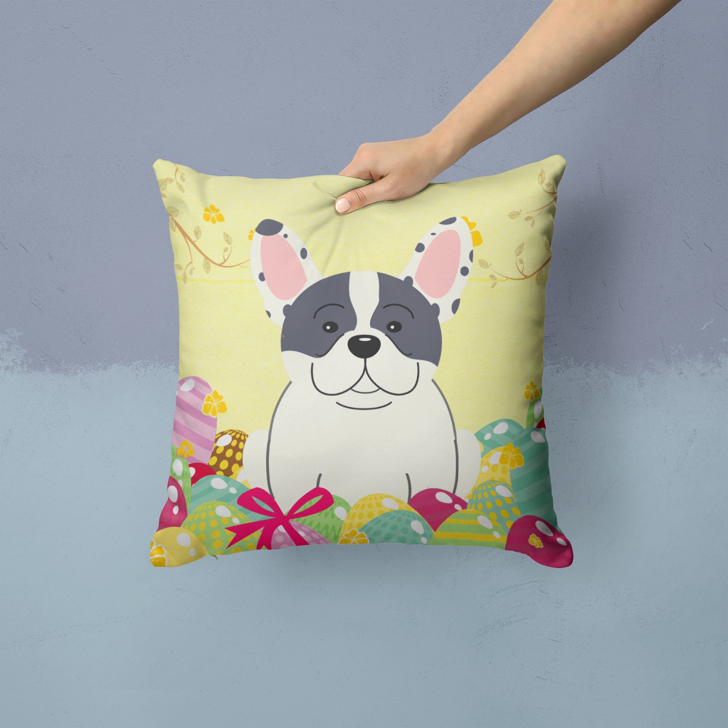 Easter Eggs French Bulldog Piebald Fabric Decorative Pillow BB6011PW1414 - the-store.com