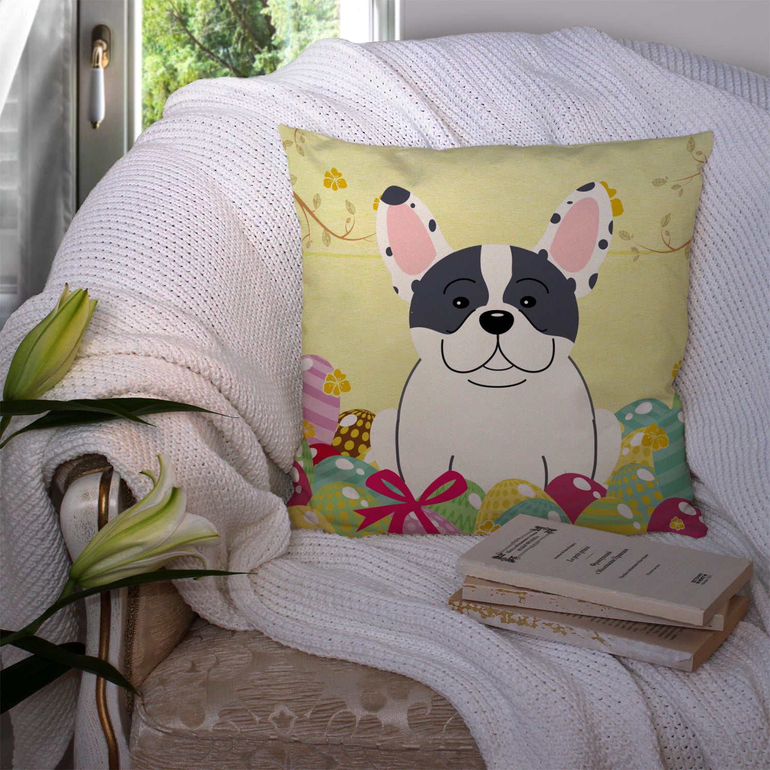 Easter Eggs French Bulldog Piebald Fabric Decorative Pillow BB6011PW1414 - the-store.com