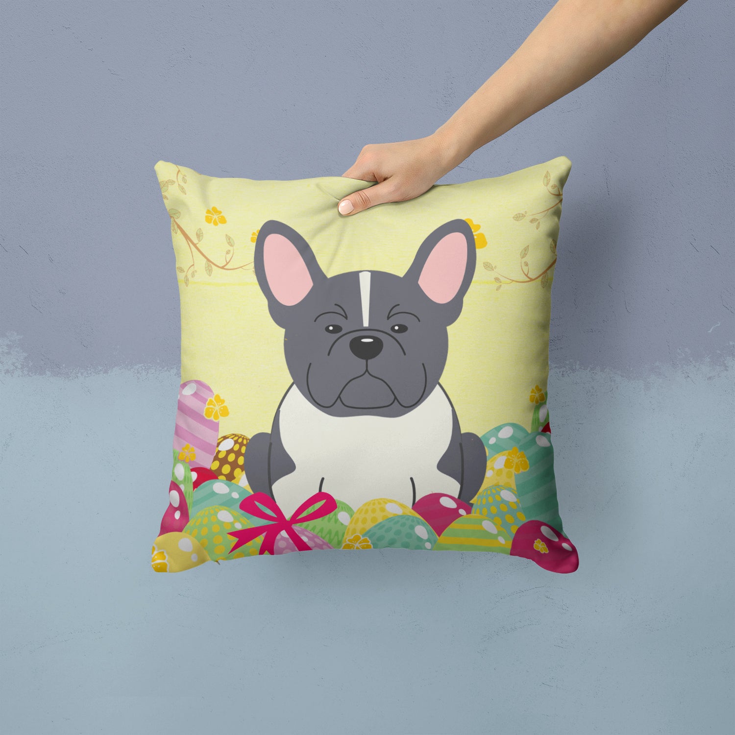 Easter Eggs French Bulldog Black White Fabric Decorative Pillow BB6012PW1414 - the-store.com