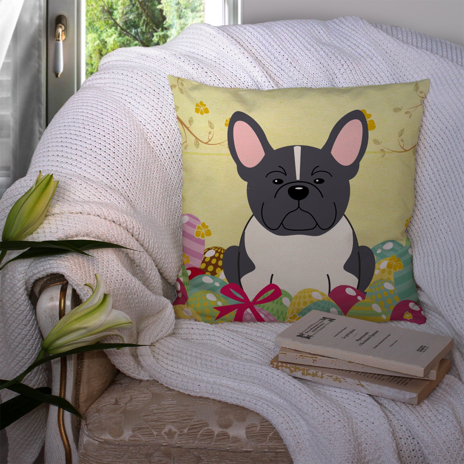 Easter Eggs French Bulldog Black White Fabric Decorative Pillow BB6012PW1414 - the-store.com