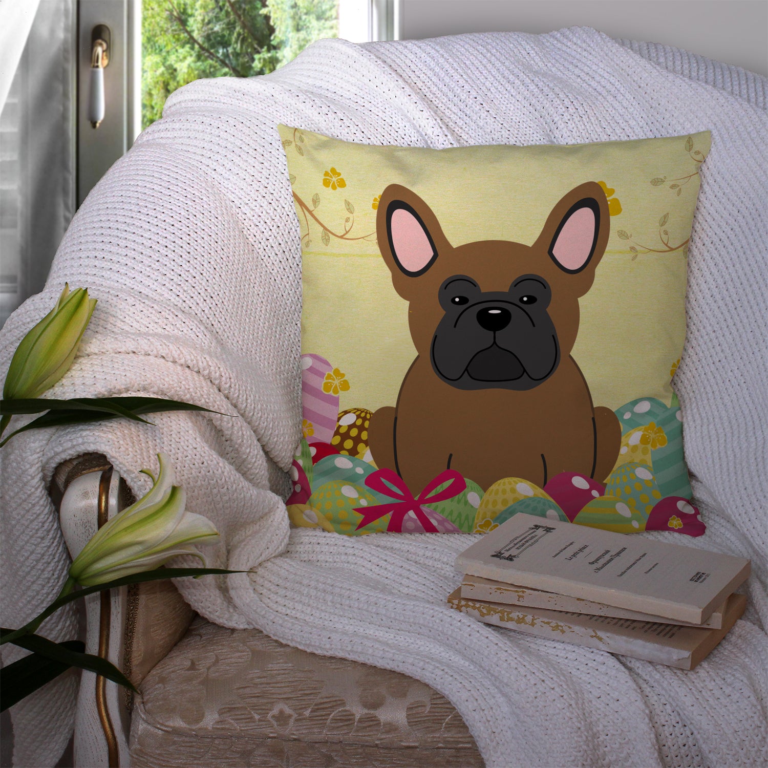 Easter Eggs French Bulldog Brown Fabric Decorative Pillow BB6013PW1414 - the-store.com