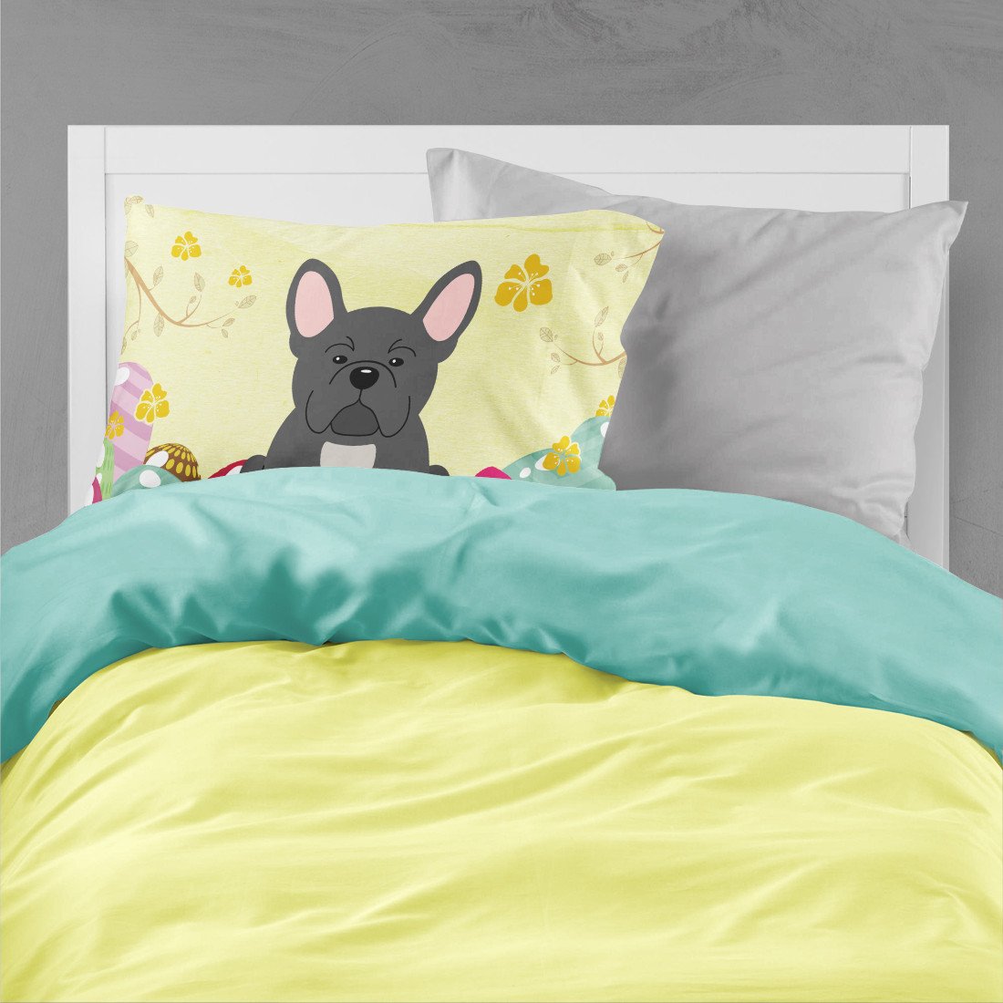 Caroline's Treasures Easter Eggs French Bulldog Black Fabric Standard Pillowcase – Artistic Decorative Front, White Back BB6014PILLOWCASE