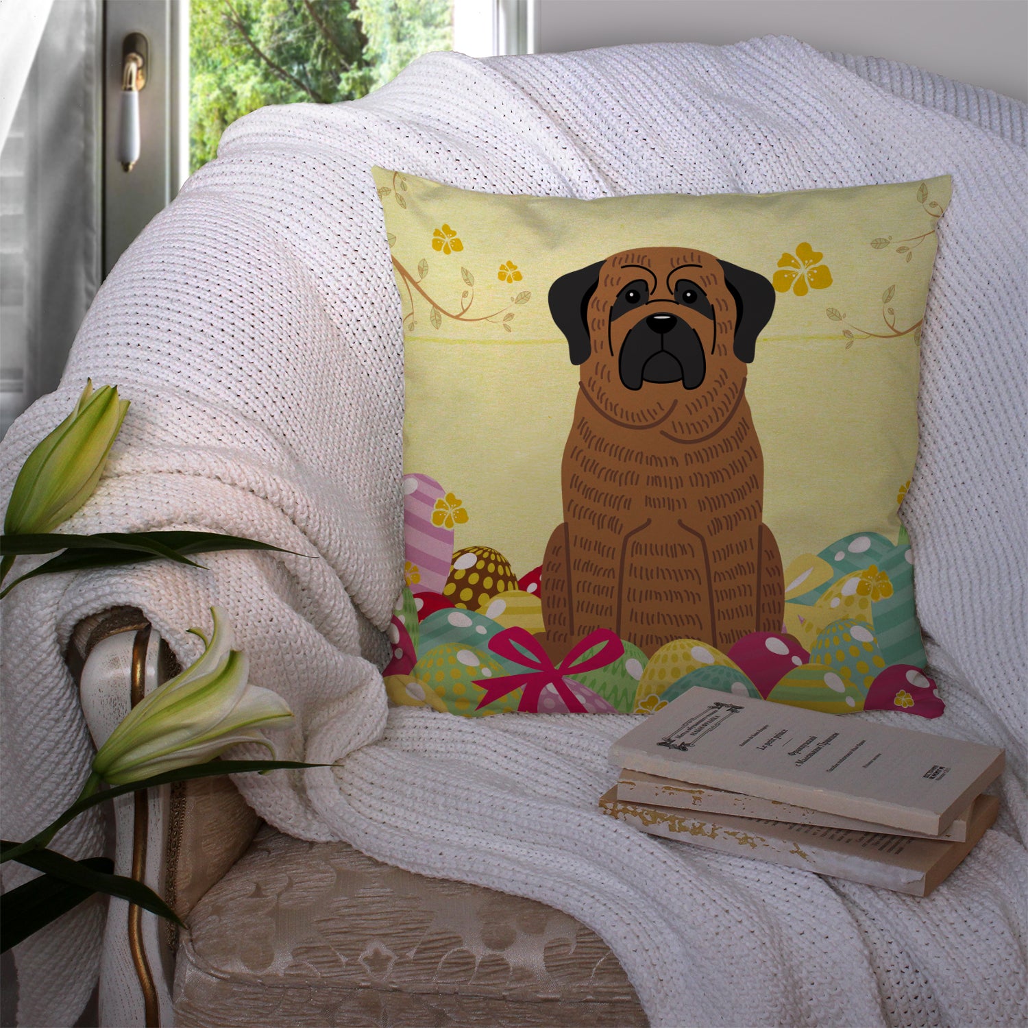 Easter Eggs Mastiff Brindle Fabric Decorative Pillow BB6015PW1414 - the-store.com