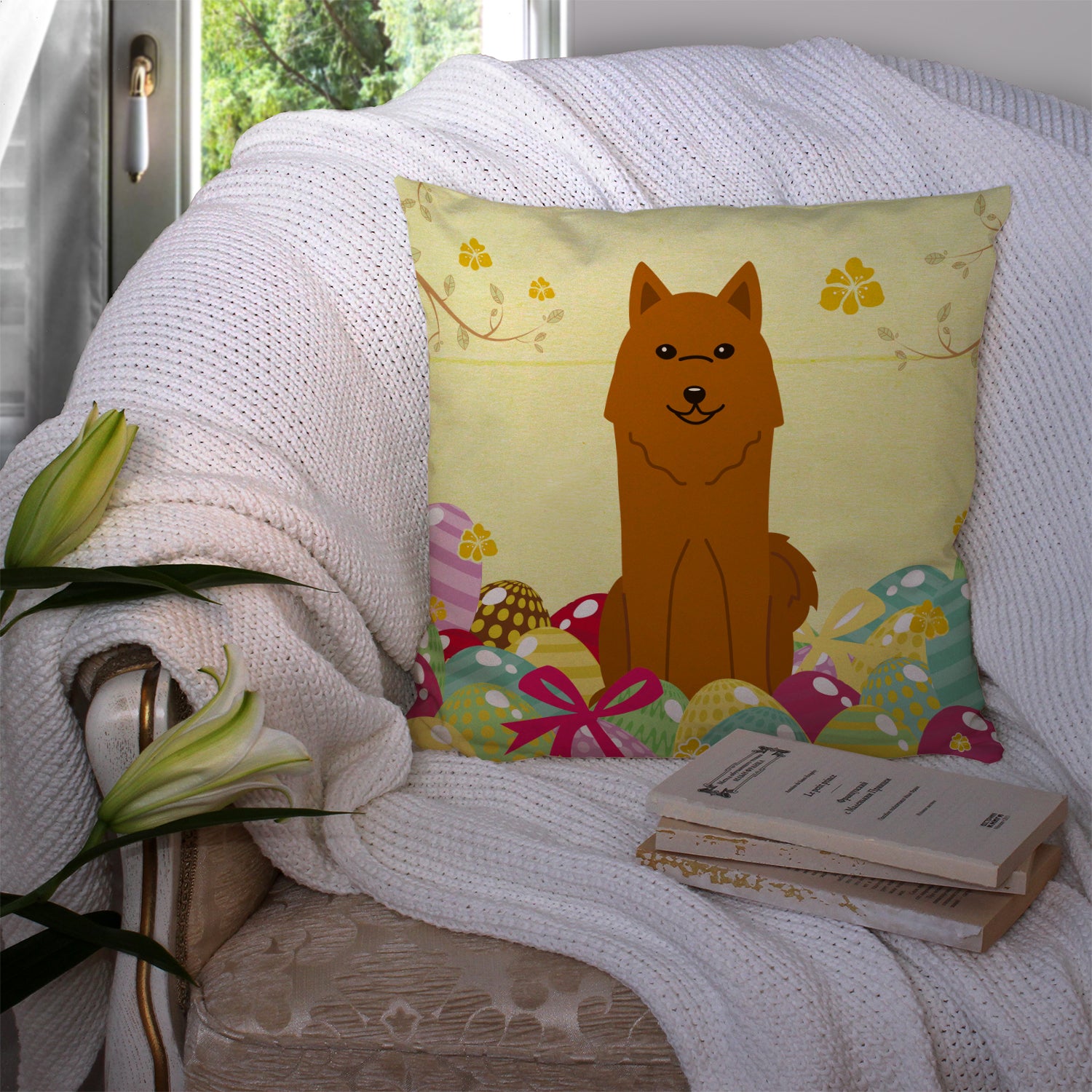 Easter Eggs Karelian Bear Dog Fabric Decorative Pillow BB6022PW1414 - the-store.com