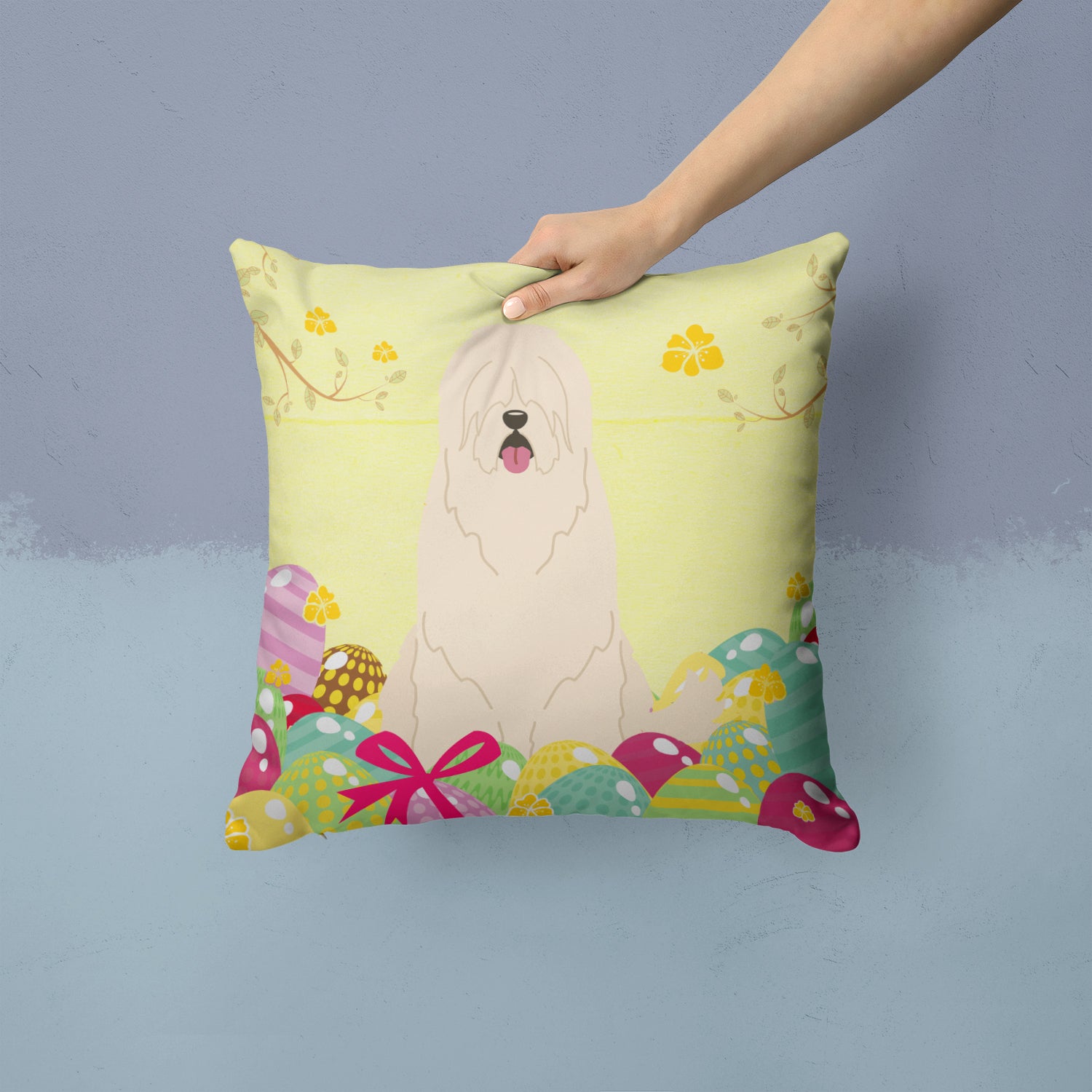 Easter Eggs South Russian Sheepdog Fabric Decorative Pillow BB6024PW1414 - the-store.com