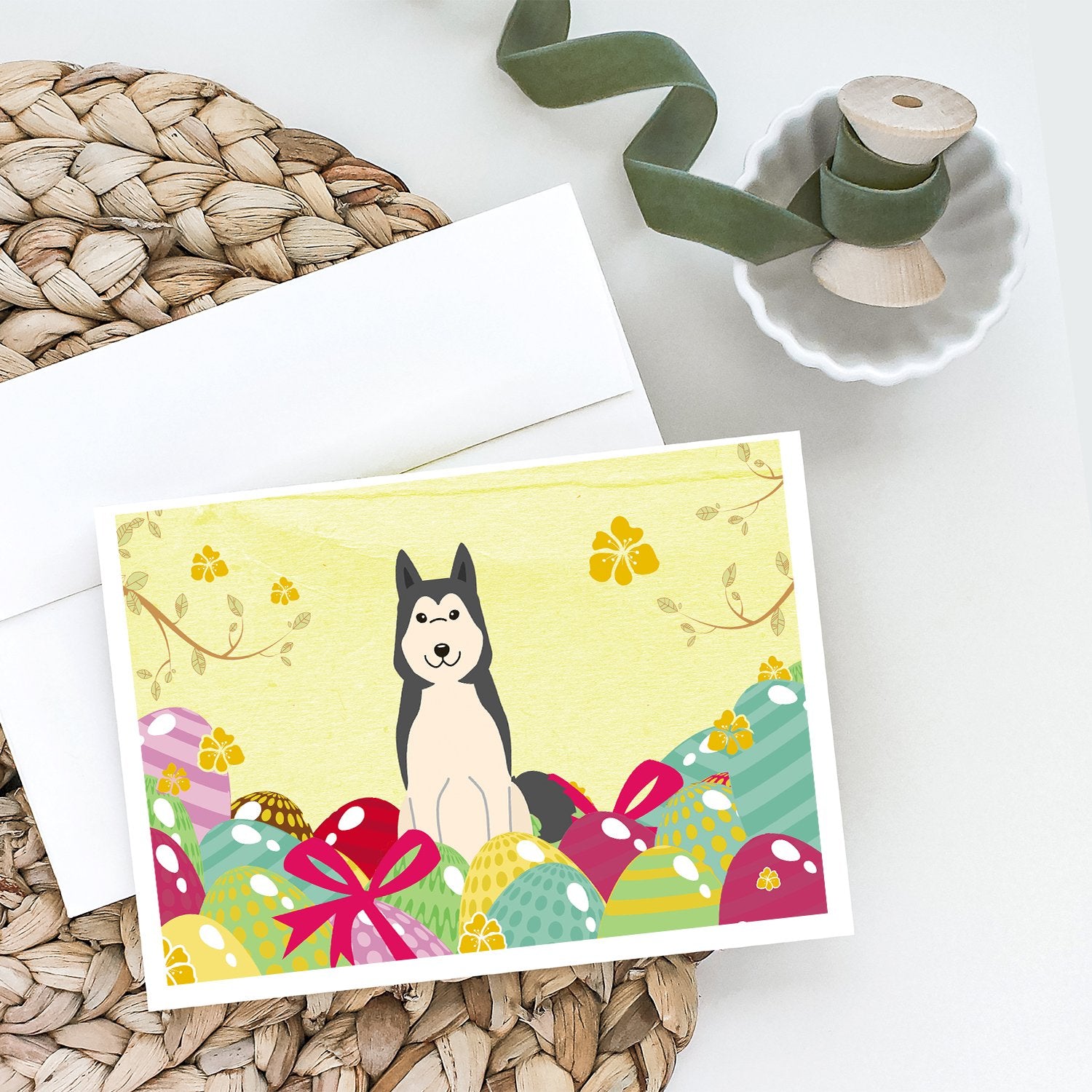 Caroline's Treasures Easter Eggs West Siberian Laika Spitz Greeting Cards - Blank Note Cards – 8-Pack of Artist-Designed Cards with Envelopes