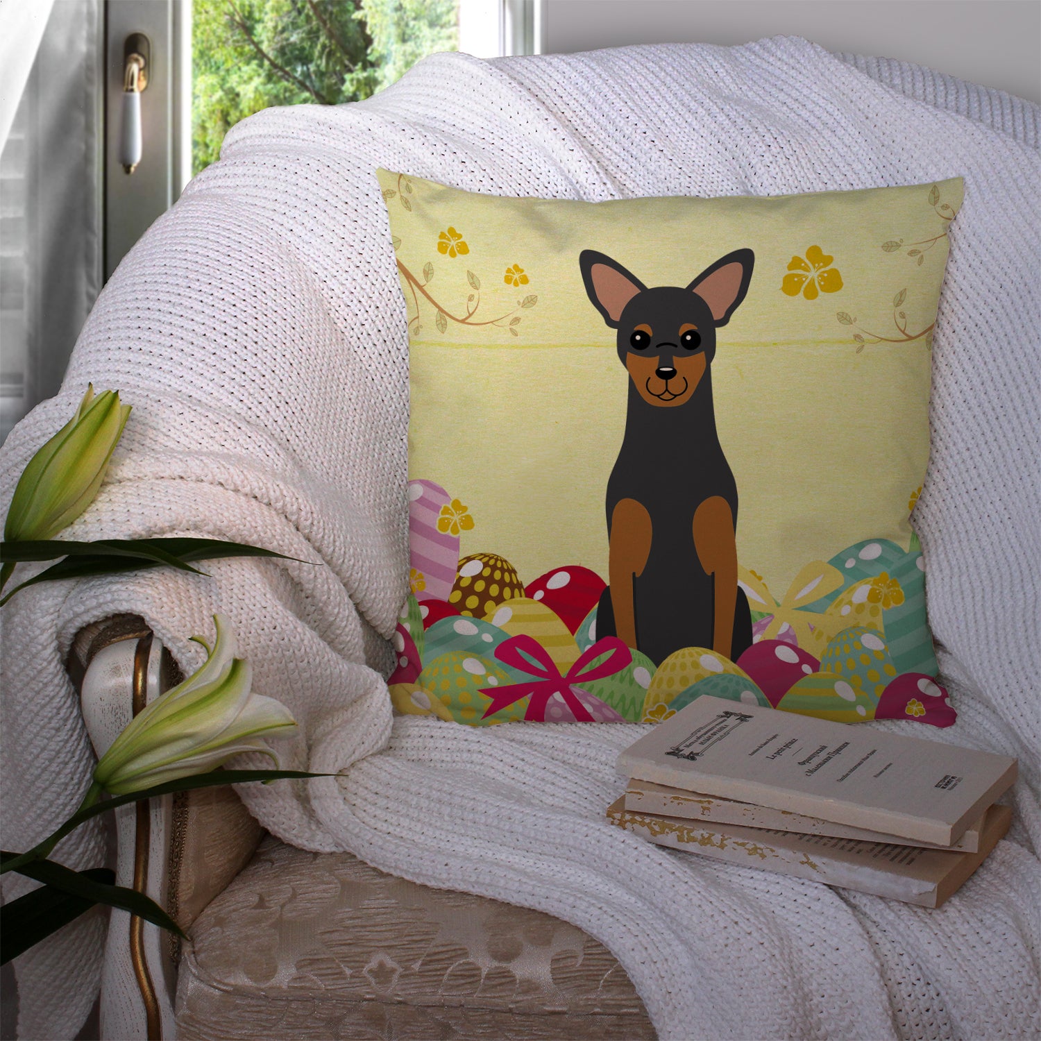 Easter Eggs Manchester Terrier Fabric Decorative Pillow BB6028PW1414 - the-store.com