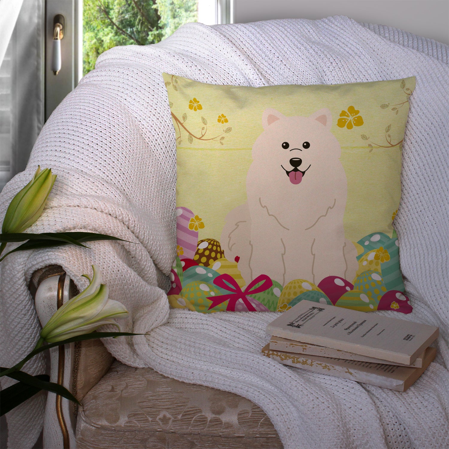 Easter Eggs Samoyed Fabric Decorative Pillow BB6030PW1414 - the-store.com