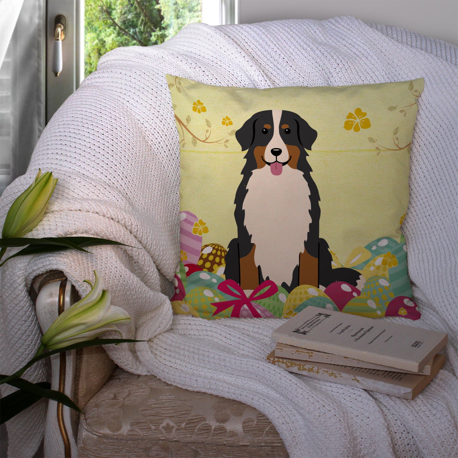 Easter Eggs Bernese Mountain Dog Fabric Decorative Pillow BB6036PW1414 - the-store.com