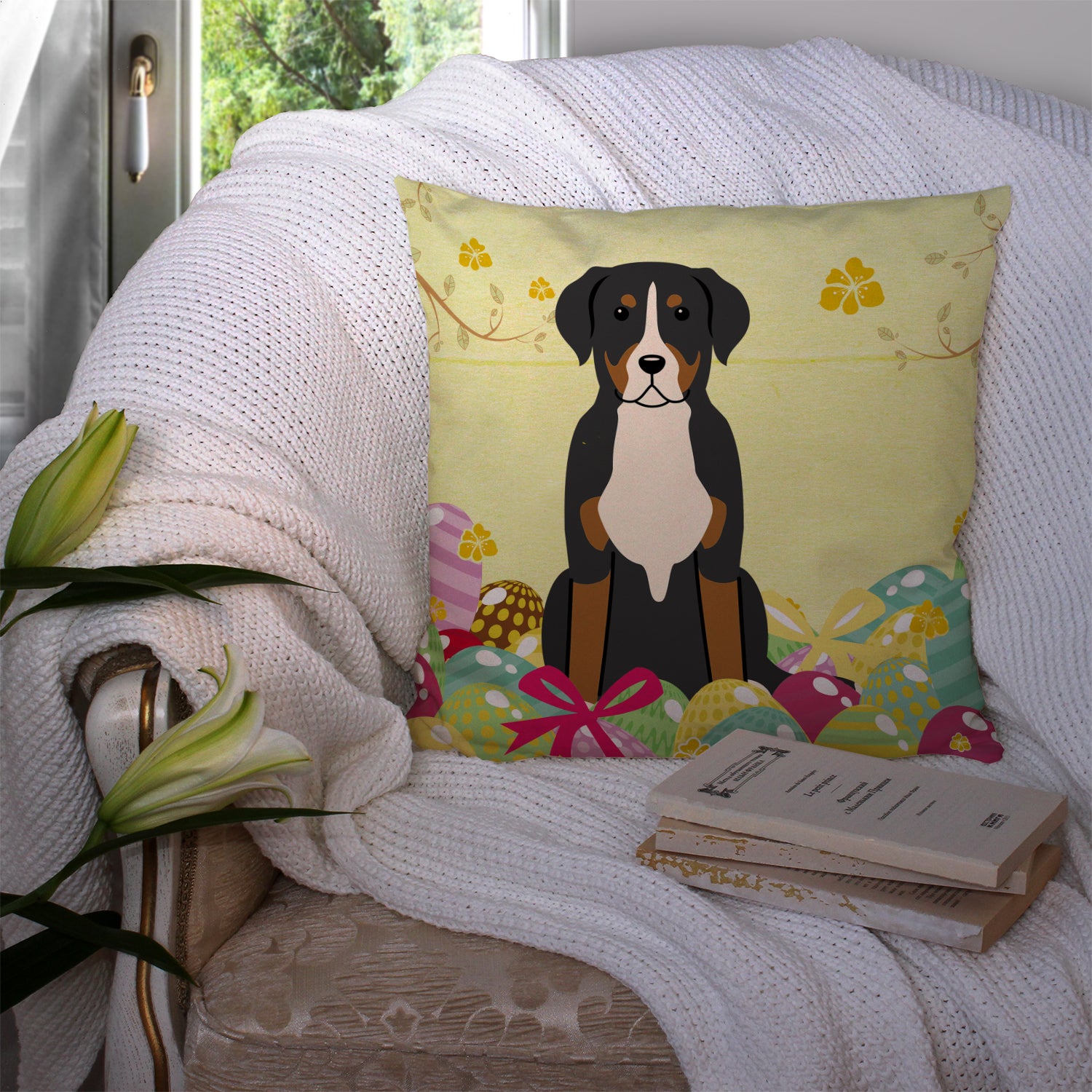 Easter Eggs Greater Swiss Mountain Dog Fabric Decorative Pillow BB6037PW1414 - the-store.com