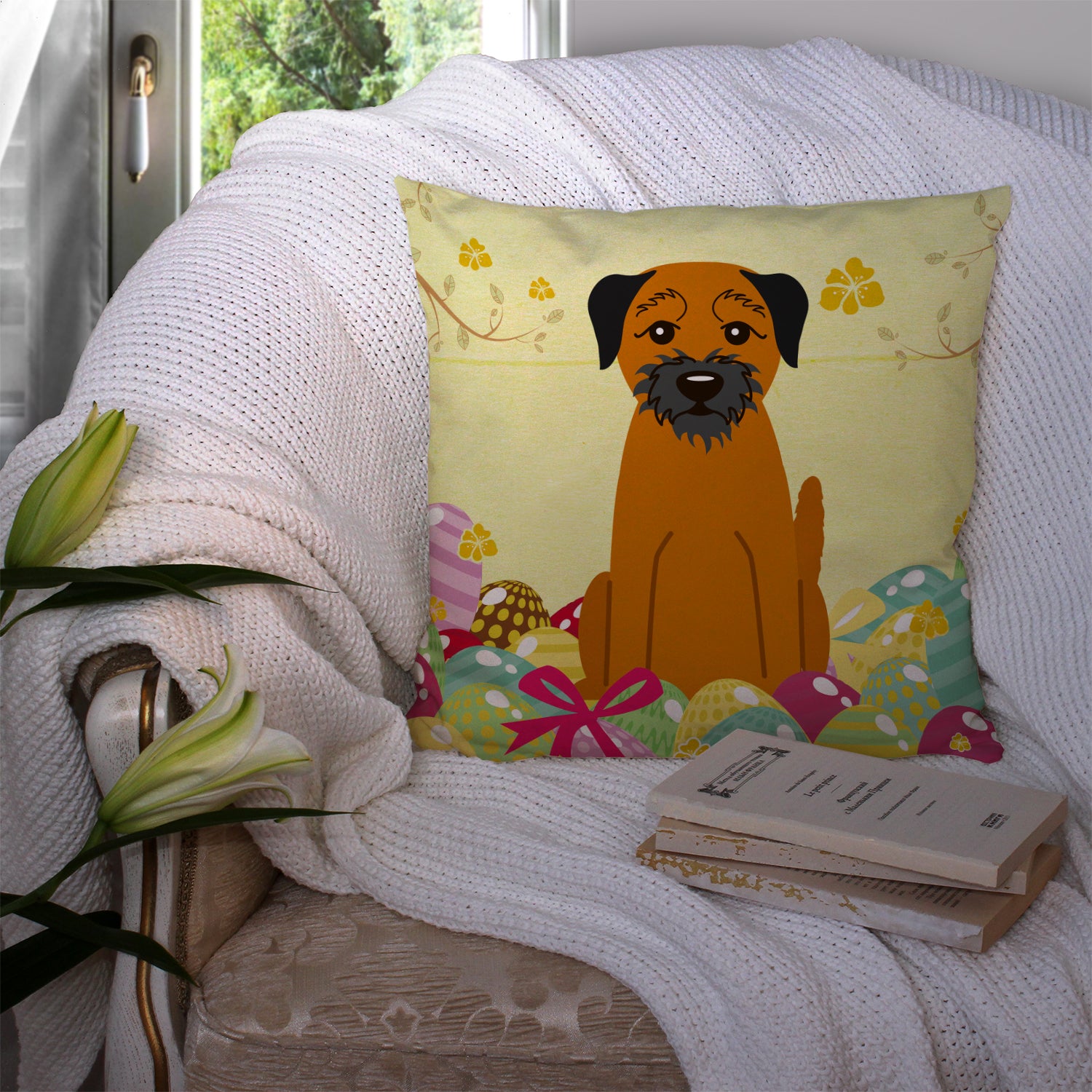 Easter Eggs Border Terrier Fabric Decorative Pillow BB6039PW1414 - the-store.com