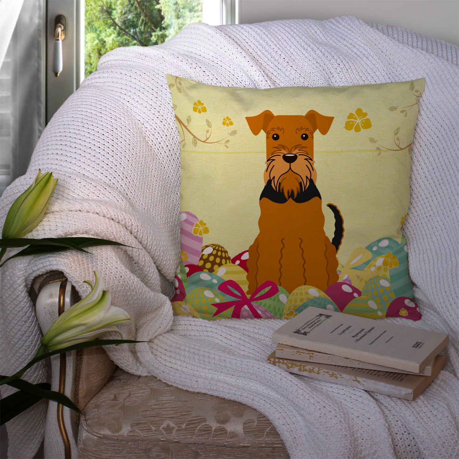 Easter Eggs Airedale Fabric Decorative Pillow BB6041PW1414 - the-store.com