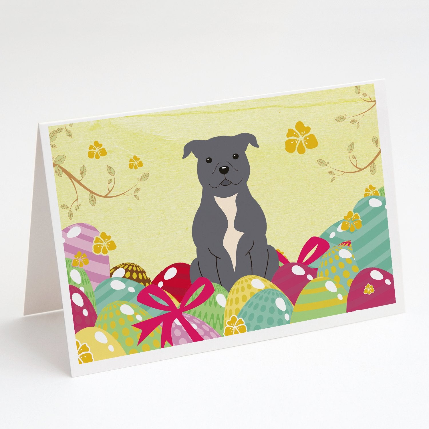 Buy this Easter Eggs Staffordshire Bull Terrier Blue Greeting Cards and Envelopes Pack of 8