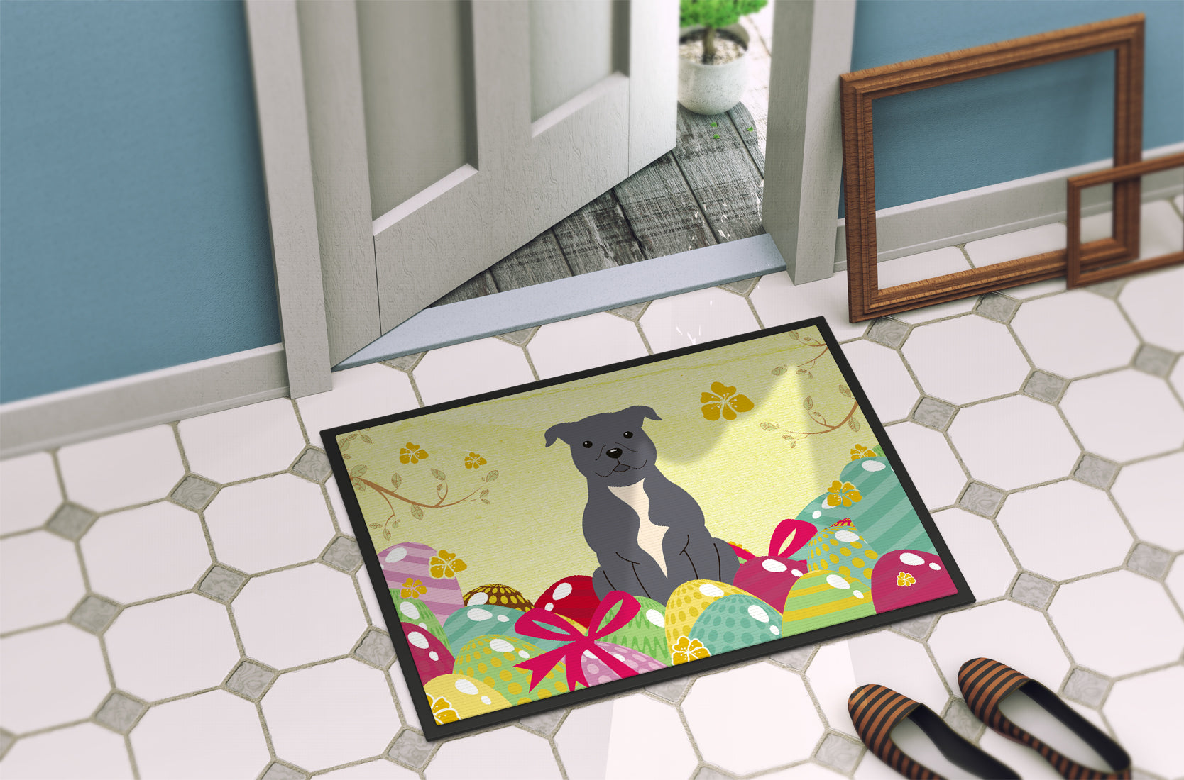 Easter Eggs Staffordshire Bull Terrier Blue Indoor or Outdoor Mat 18x27 BB6046MAT - the-store.com
