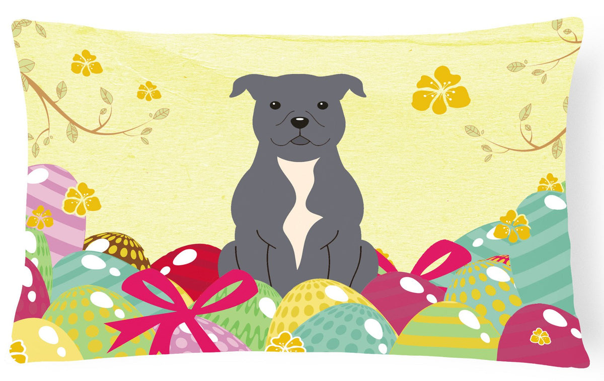 Easter Eggs Staffordshire Bull Terrier Blue Canvas Fabric Decorative Pillow BB6046PW1216 by Caroline&#39;s Treasures