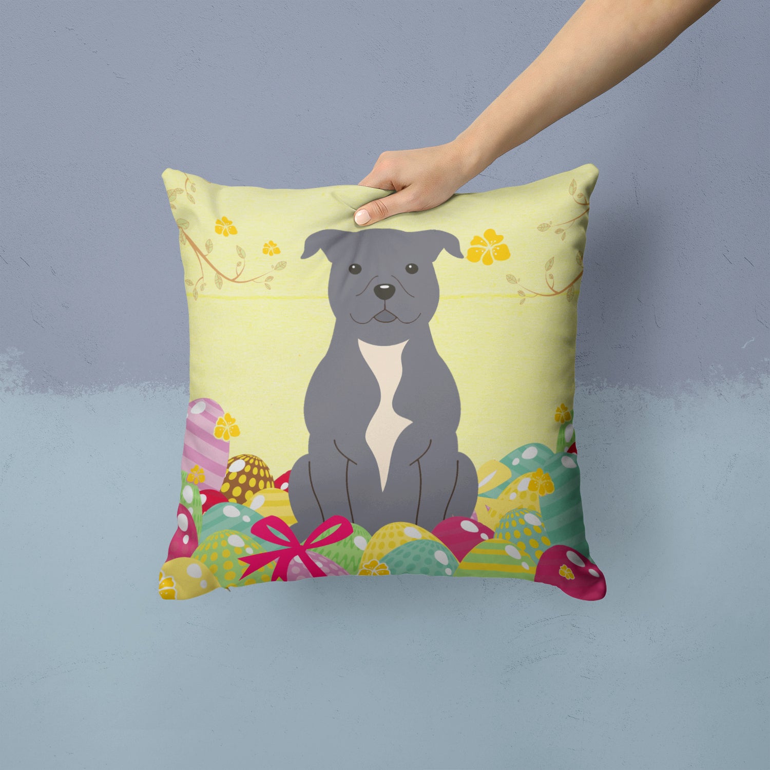 Easter Eggs Staffordshire Bull Terrier Blue Fabric Decorative Pillow BB6046PW1414 - the-store.com