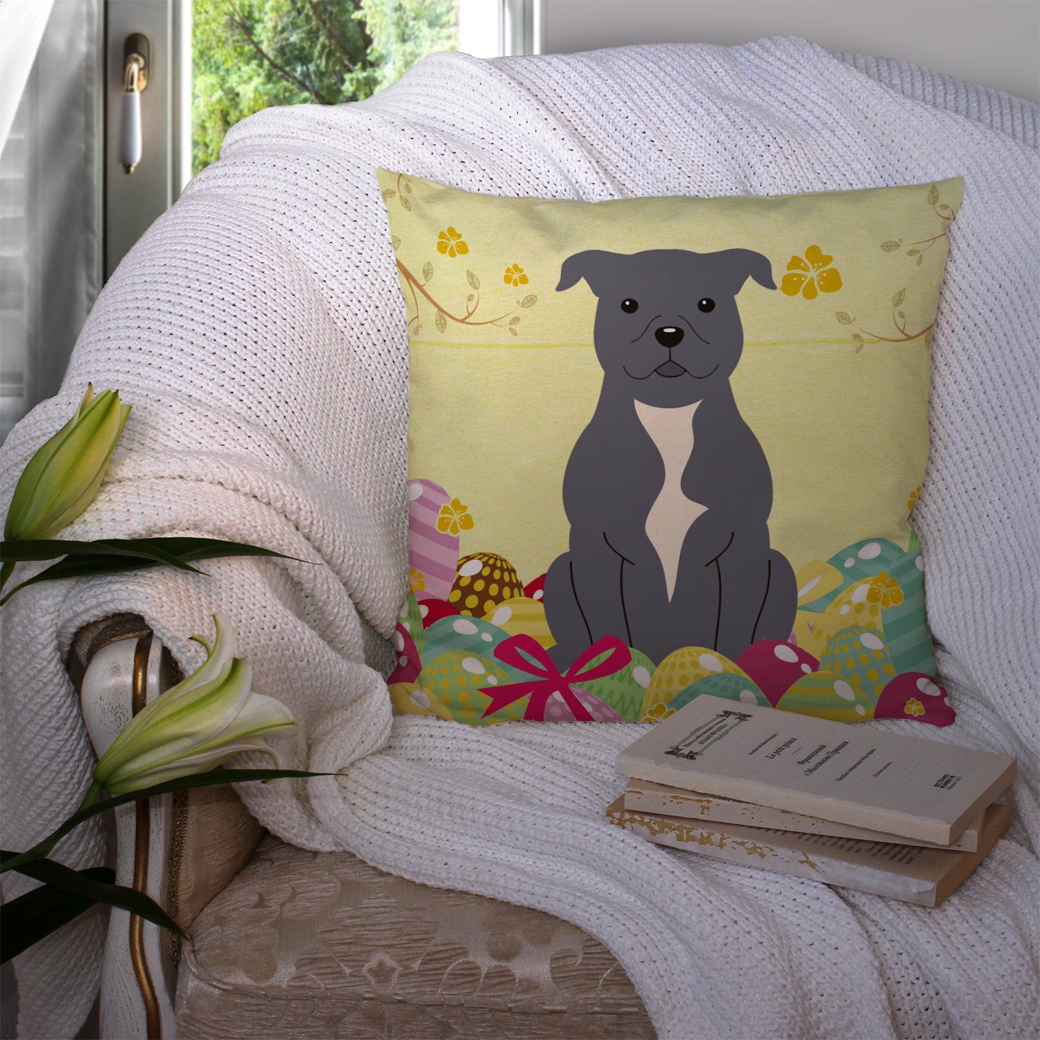 Easter Eggs Staffordshire Bull Terrier Blue Fabric Decorative Pillow BB6046PW1414 - the-store.com