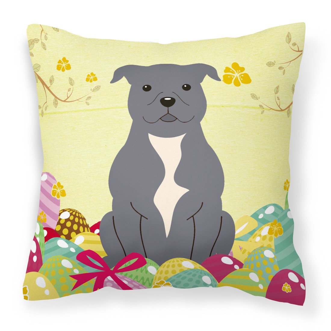 Easter Eggs Staffordshire Bull Terrier Blue Fabric Decorative Pillow BB6046PW1818 by Caroline's Treasures