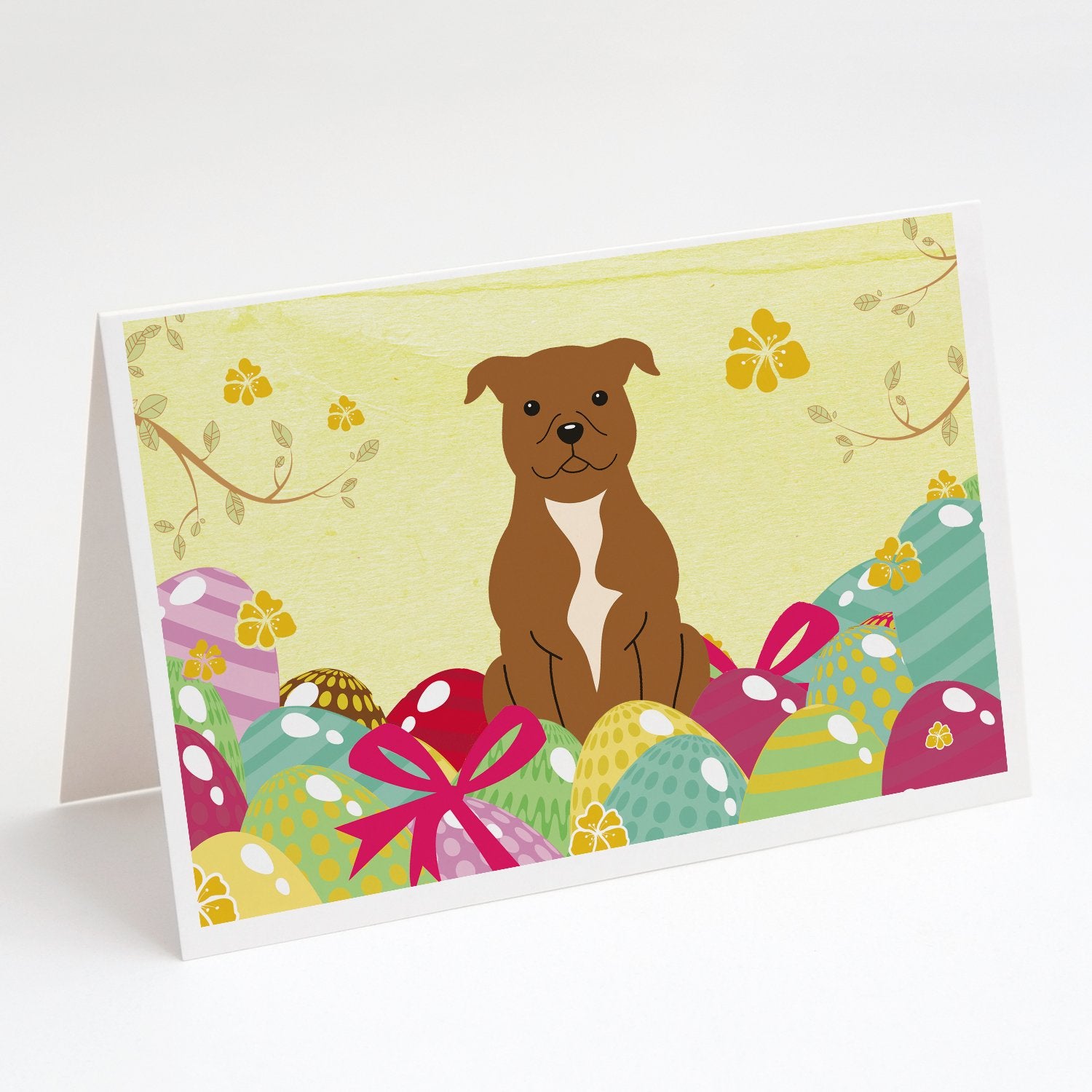Buy this Easter Eggs Staffordshire Bull Terrier Brown Greeting Cards and Envelopes Pack of 8