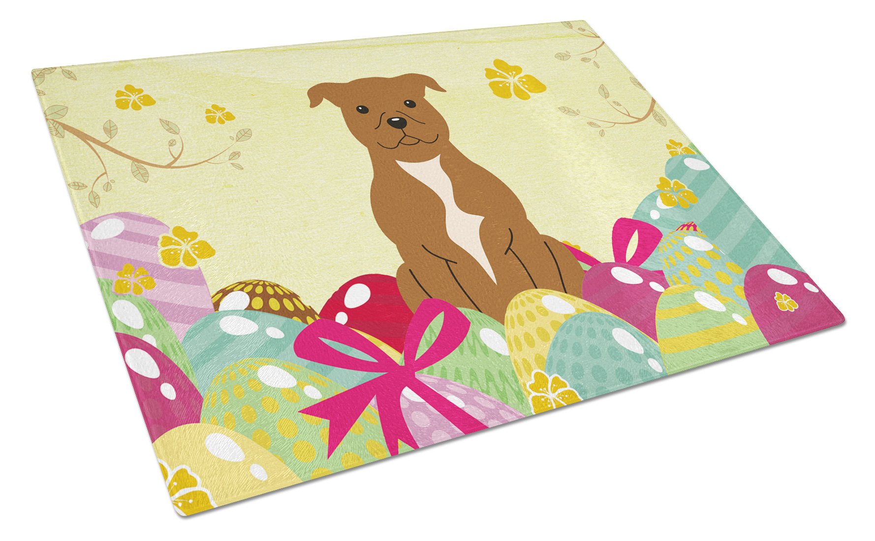 Easter Eggs Staffordshire Bull Terrier Brown Glass Cutting Board Large BB6047LCB by Caroline's Treasures