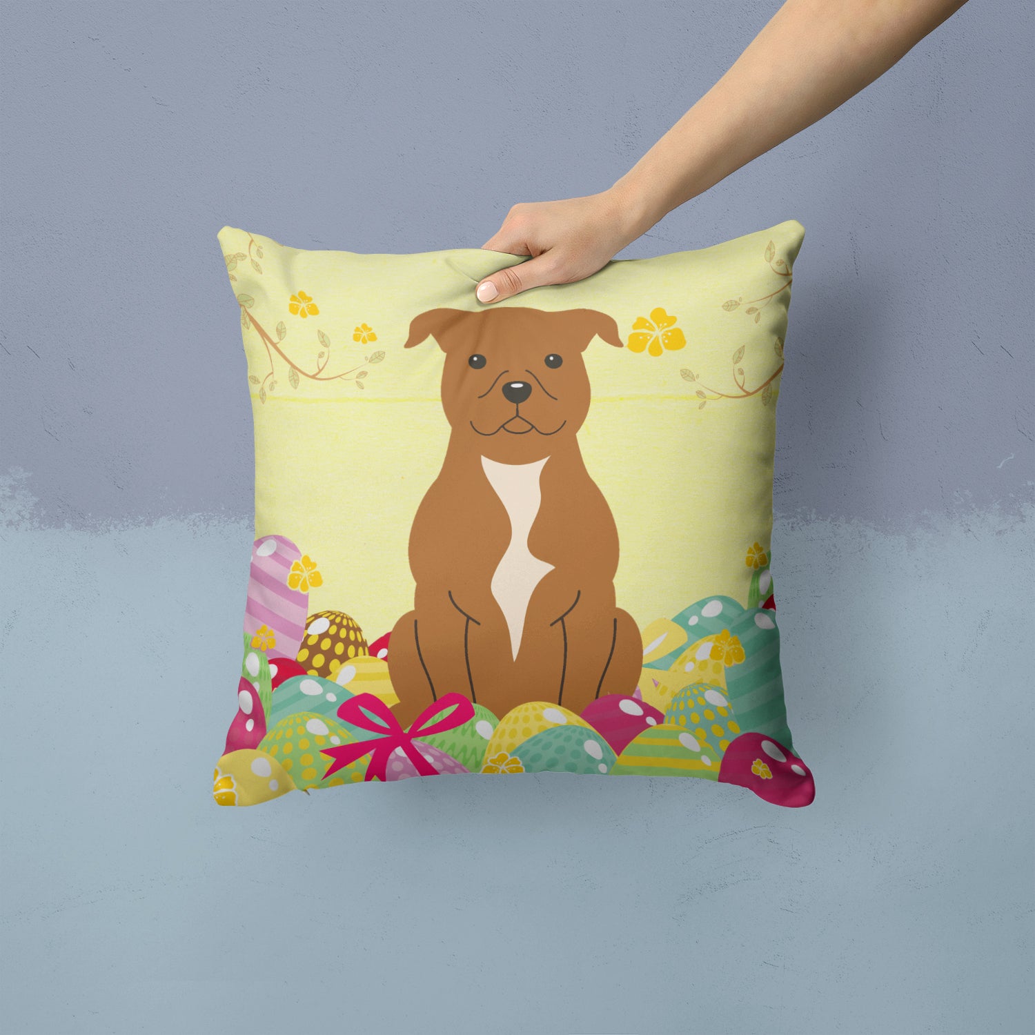 Easter Eggs Staffordshire Bull Terrier Brown Fabric Decorative Pillow BB6047PW1414 - the-store.com