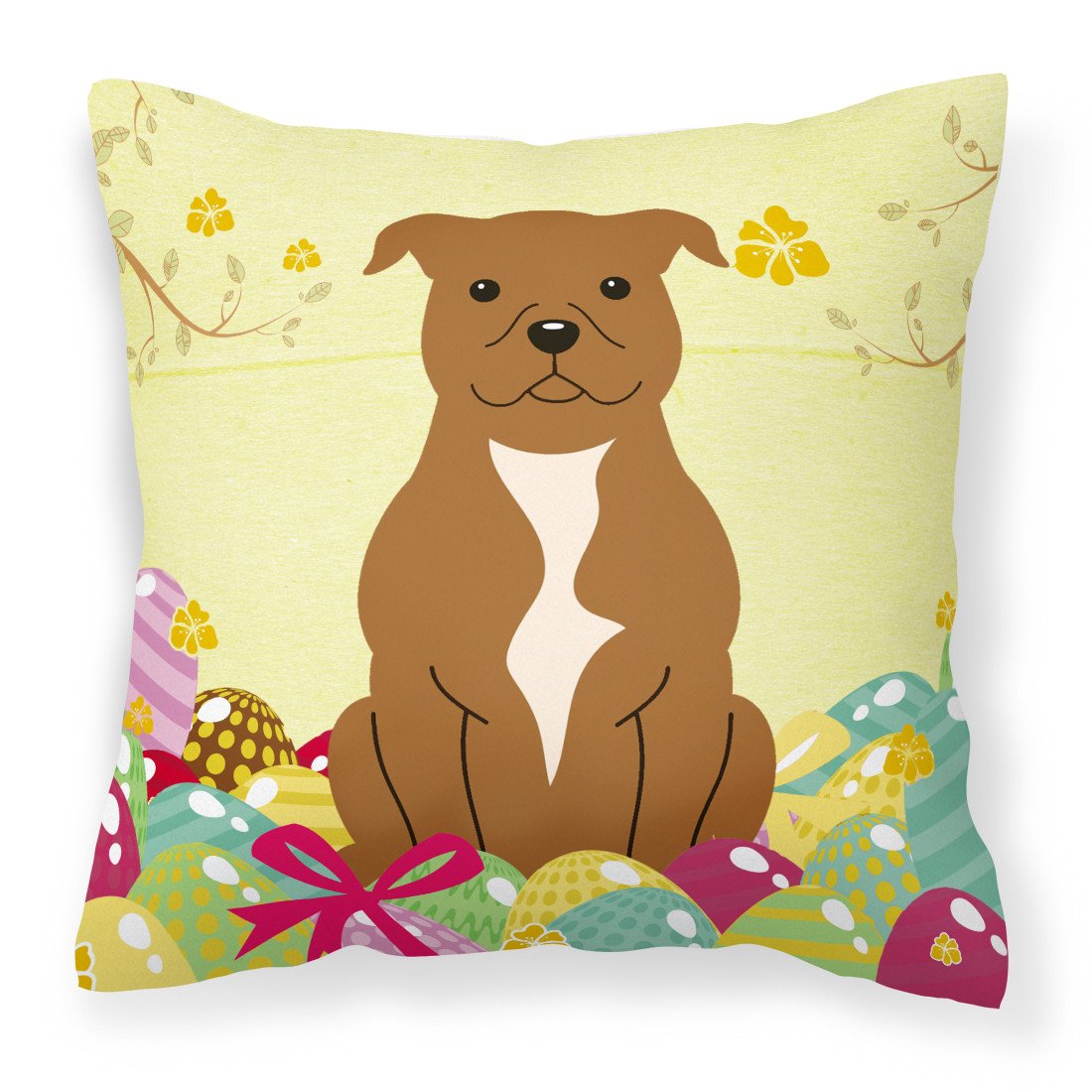 Easter Eggs Staffordshire Bull Terrier Brown Fabric Decorative Pillow BB6047PW1818 by Caroline&#39;s Treasures