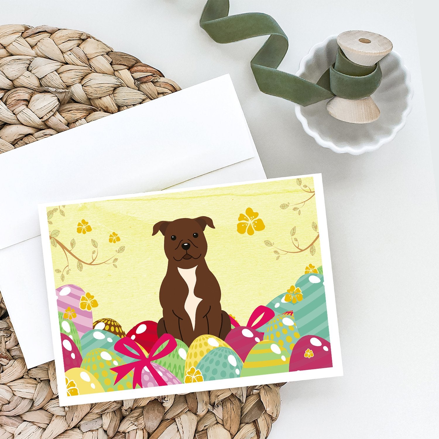 Caroline's Treasures Easter Eggs Staffordshire Bull Terrier Chocolate Greeting Cards - Blank Note Cards – 8-Pack of Artist-Designed Cards with Envelopes