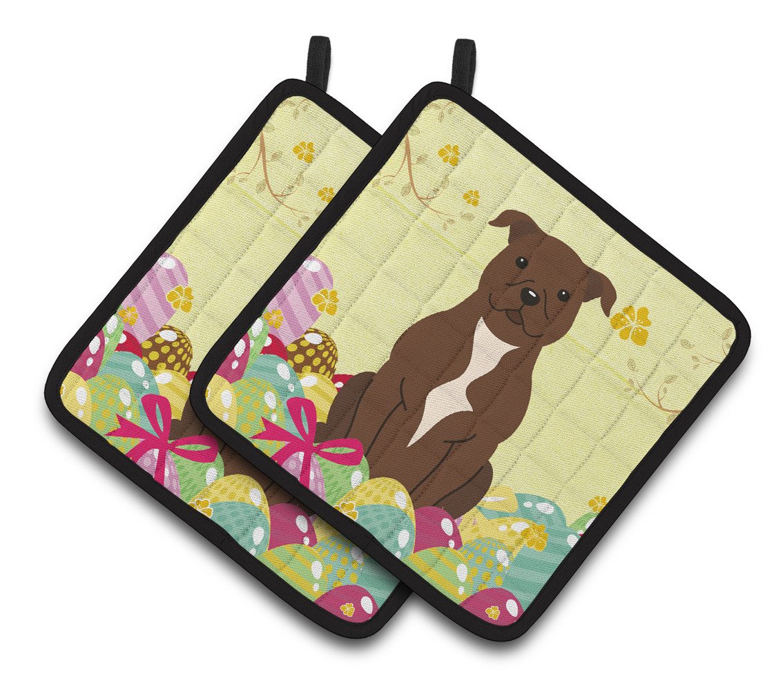 Easter Eggs Staffordshire Bull Terrier Chocolate Pair of Pot Holders BB6048PTHD by Caroline&#39;s Treasures
