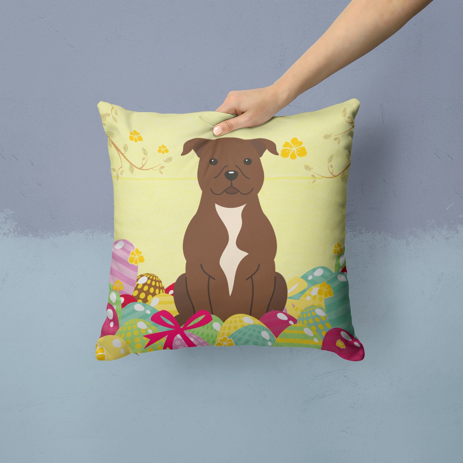 Easter Eggs Staffordshire Bull Terrier Chocolate Fabric Decorative Pillow BB6048PW1414 - the-store.com