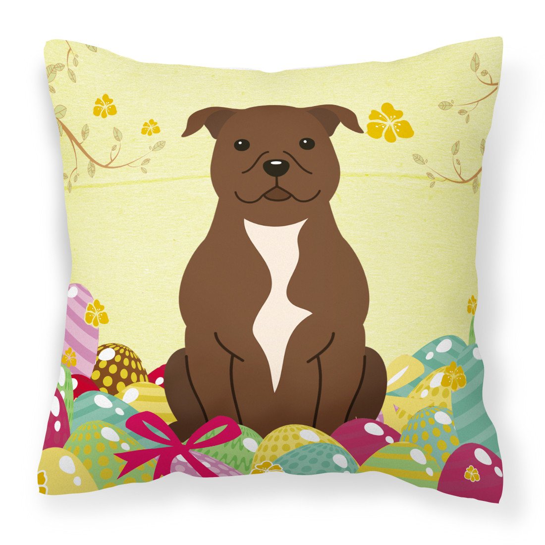 Easter Eggs Staffordshire Bull Terrier Chocolate Fabric Decorative Pillow BB6048PW1818 by Caroline's Treasures